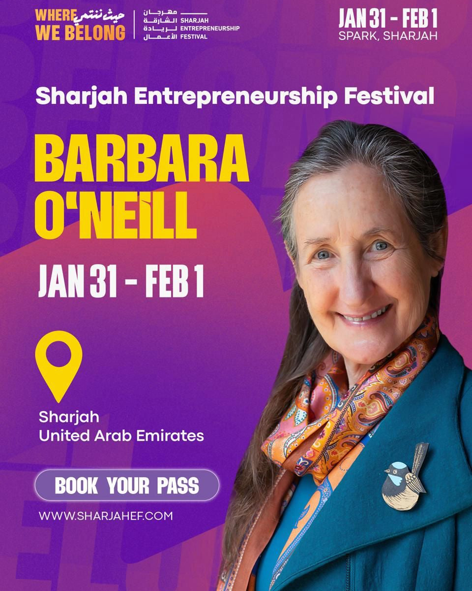 Promotional poster for Sharjah Entrepreneurship Festival featuring Barbara O'Neill with event details.