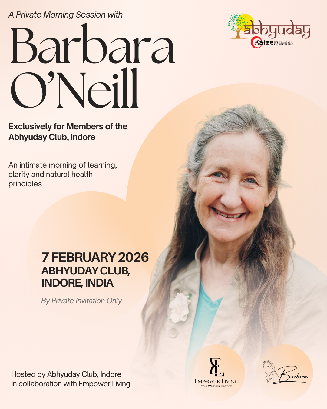 Promotional flyer for a private session with Barbara O'Neill at the Abhyuday Club, Indore.