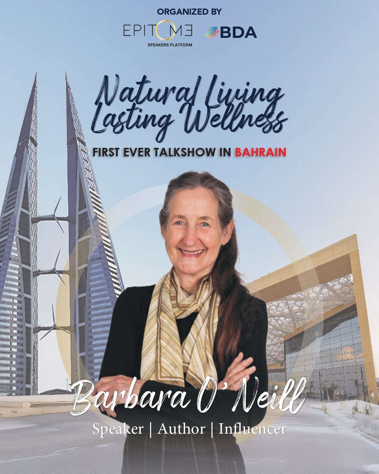 Promotional poster for a talkshow event in Bahrain featuring a woman named Barbara O'Neill.