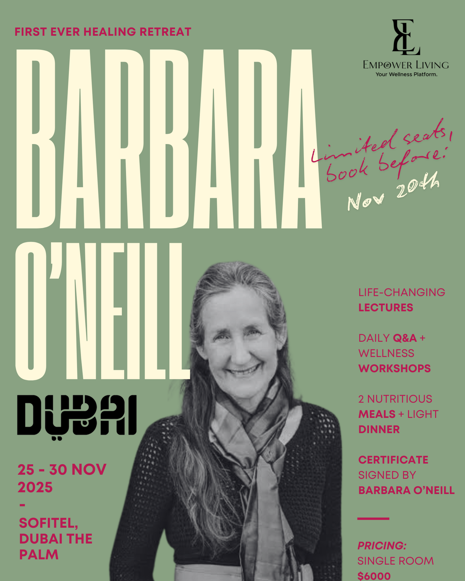 Promotional poster for a healing retreat featuring Barbara O'Neill in Dubai with event details.