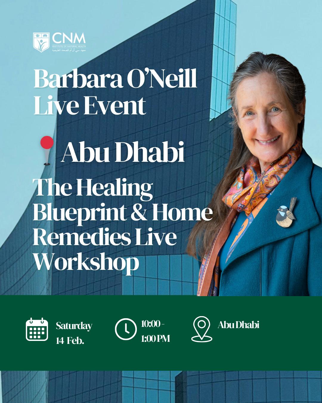 Promotional poster for a live event with a woman in front of a building, featuring text about a workshop in Abu Dhabi.