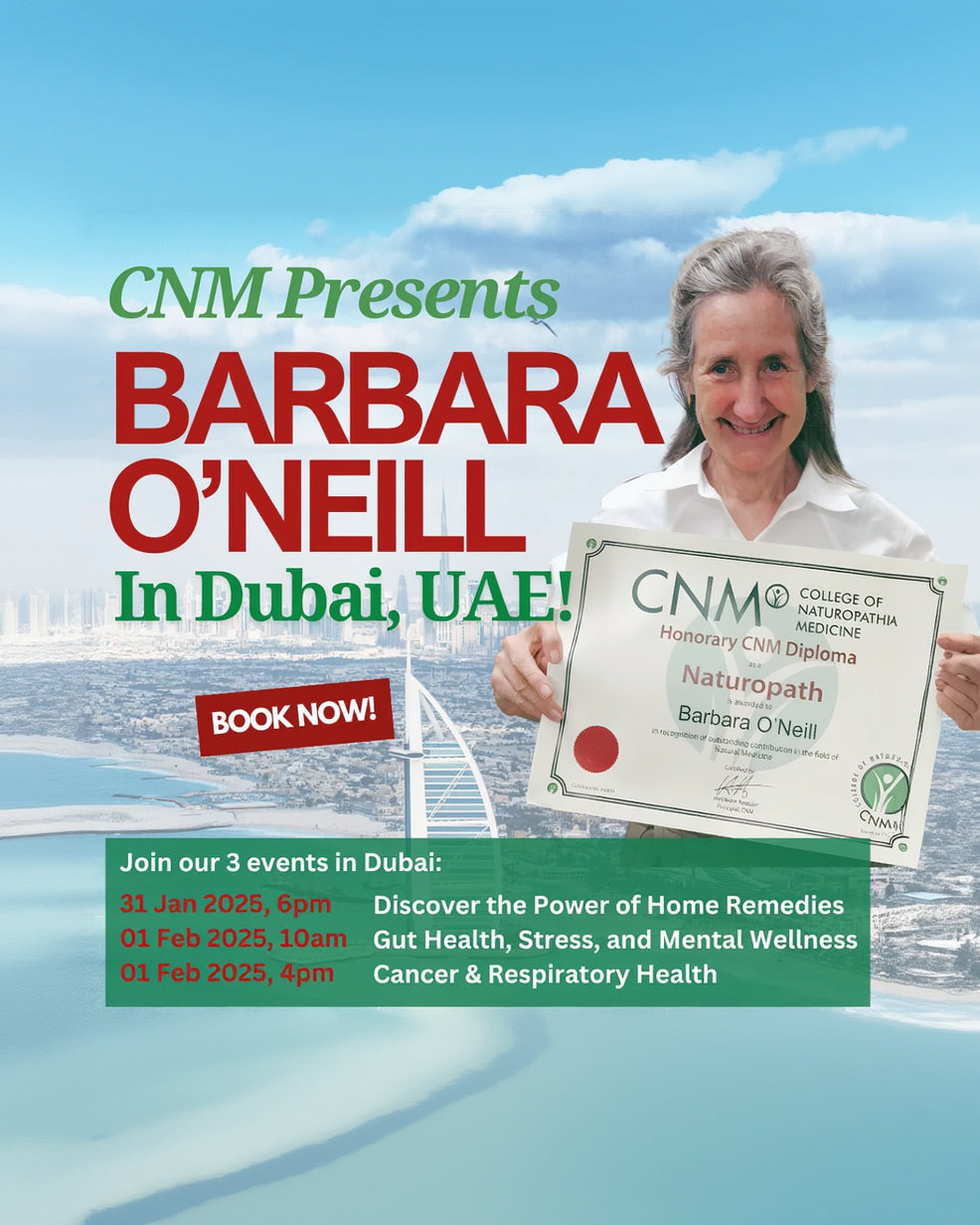 Promotional poster for Barbara O'Neill's events in Dubai, featuring a woman holding a CNM diploma.