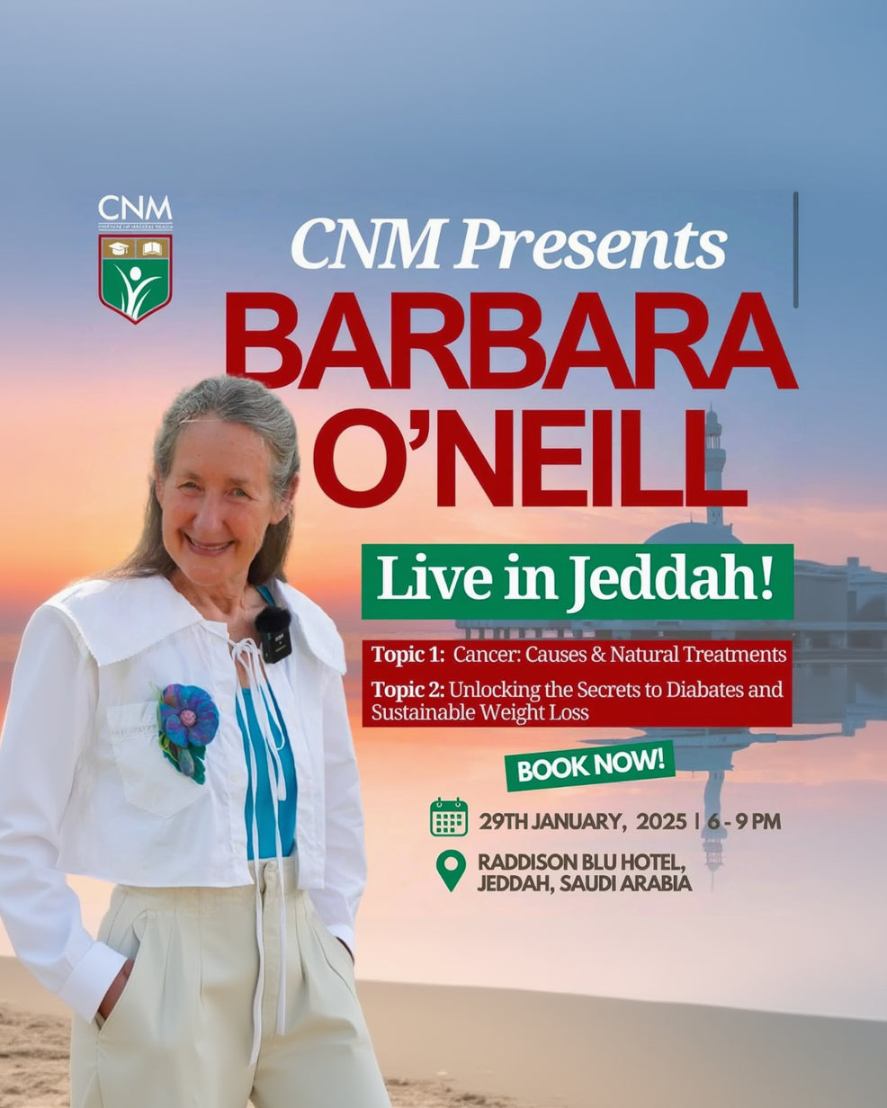 Promotional poster for Barbara O'Neill's live event in Jeddah, featuring a woman and text about cancer topics.