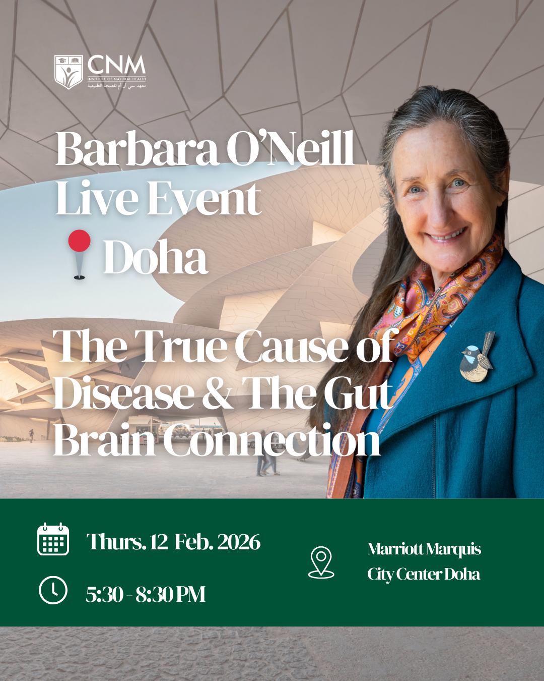 Promotional poster for a live event featuring Barbara O'Neill in Doha, Qatar.