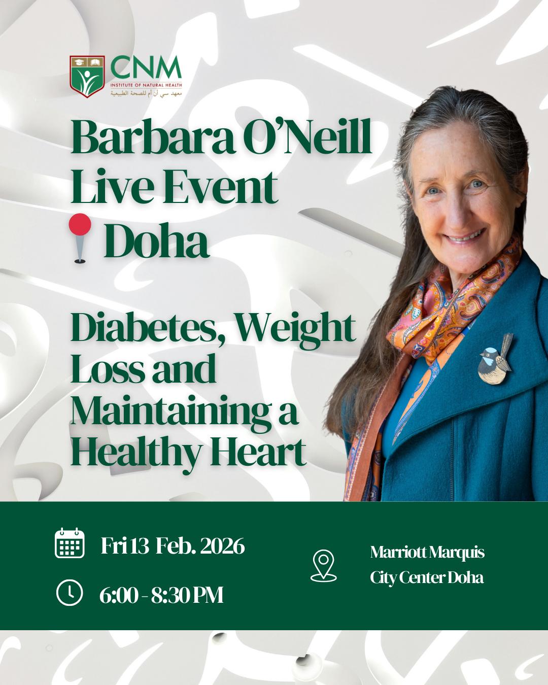 Promotional flyer for a live event with Barbara O'Neill on diabetes, weight loss, and heart health at CNM.