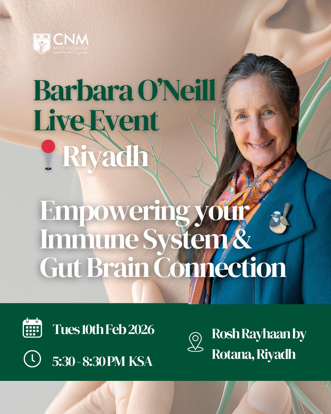 Promotional poster for a live event with Barbara O'Neill on immune system and gut brain connection in Riyadh.