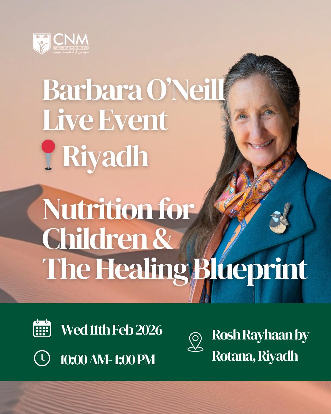Promotional poster for Barbara O'Neill live event in Riyadh on nutrition for children and the healing blueprint.