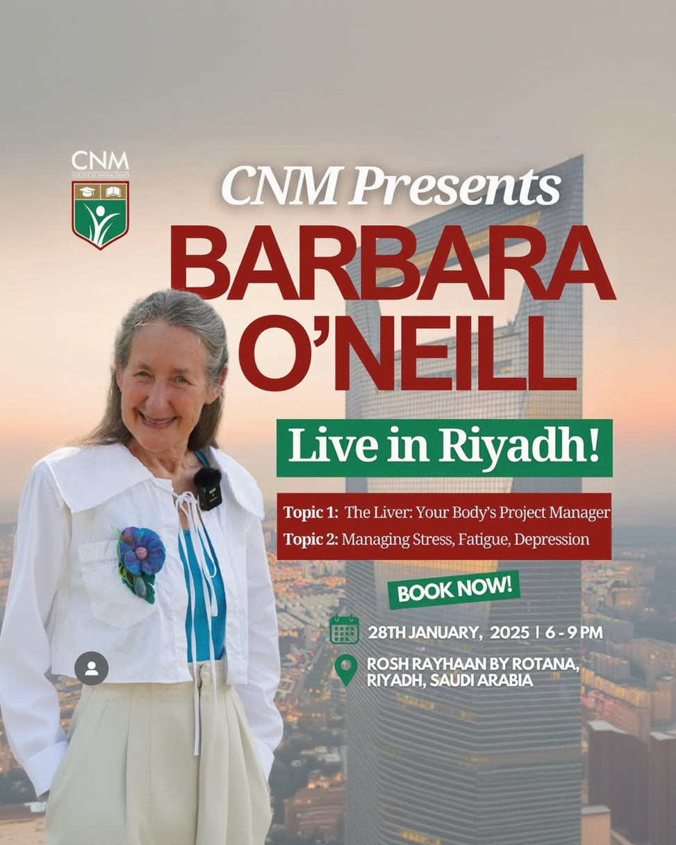 Promotional poster for Barbara O'Neill's live event in Riyadh, featuring her name and topics.