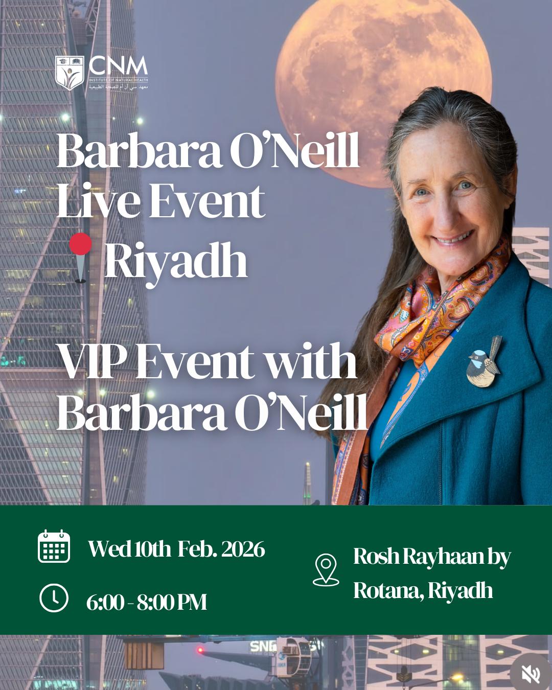 Promotional poster for a live event with Barbara O'Neill in Riyadh featuring a cityscape and moon.