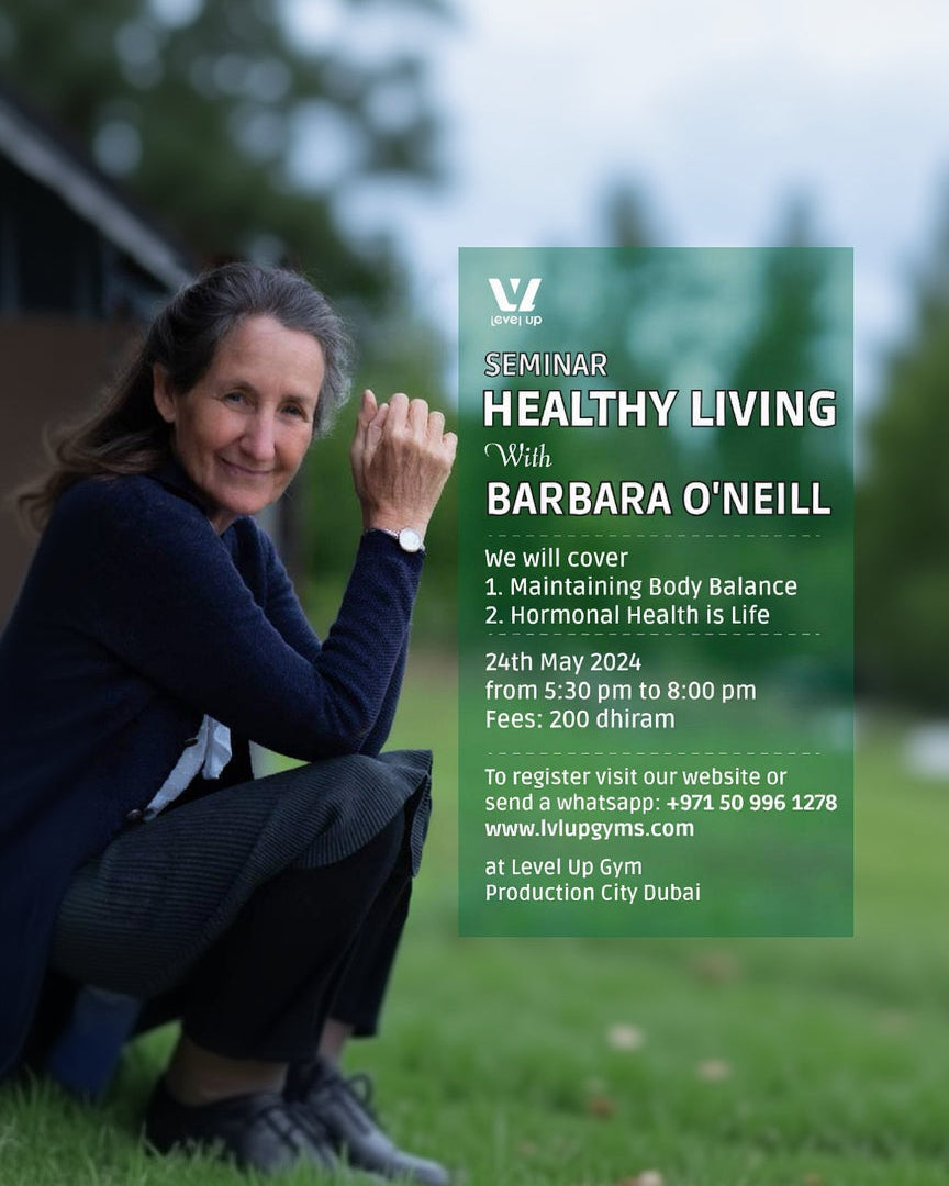 Promotional poster for a seminar on healthy living with Barbara O'Neill, featuring a woman sitting outdoors.