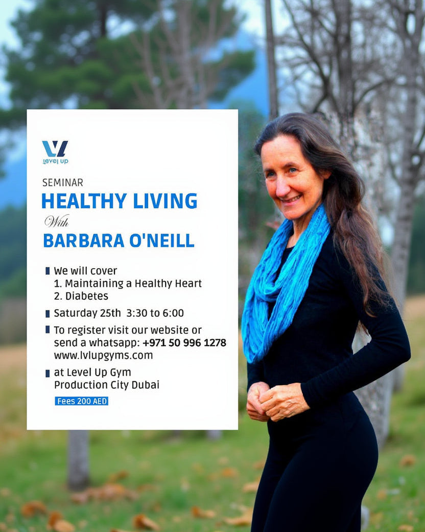 Advertisement for a seminar on healthy living with Barbara O'Neill, featuring a woman with a blue scarf.