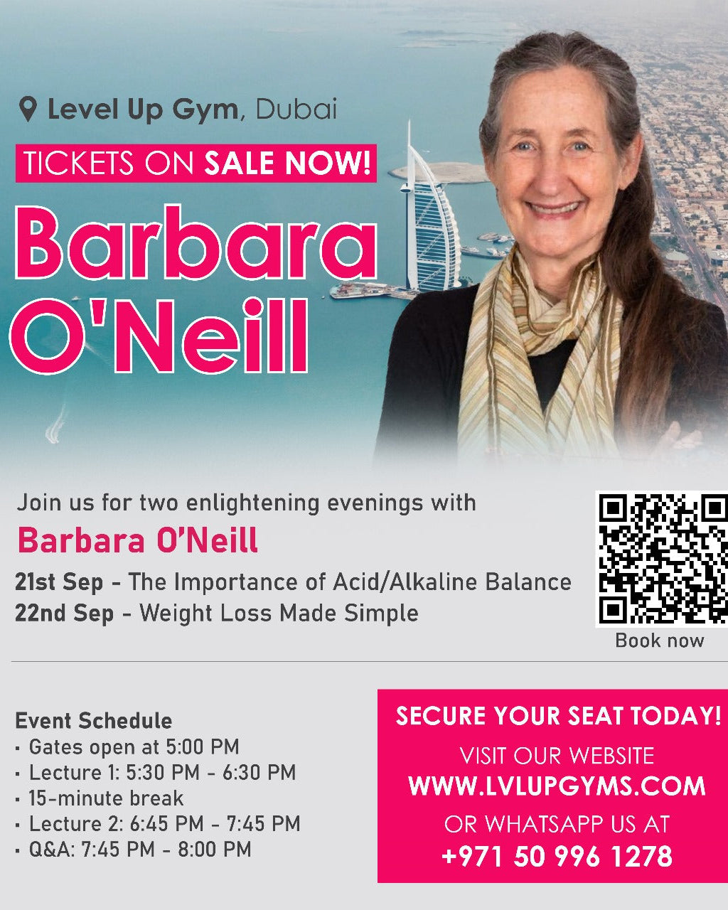 Advertisement for Barbara O'Neill's events at Level Up Gym, Dubai, with a QR code and contact information.