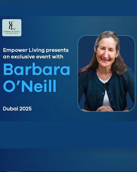 Promotional graphic for an event with Barbara O'Neill by Empower Living on a blue background.