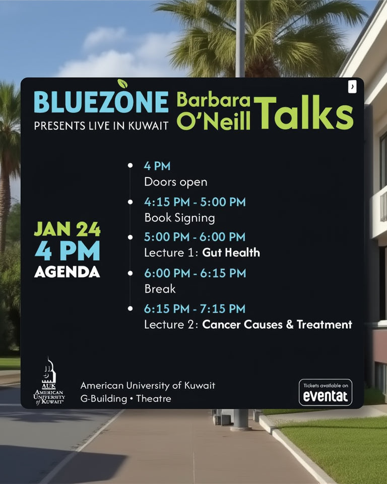 Promotional sign for 'Bluezone Barbara O'Neill Talks' event at American University of Kuwait with agenda details.