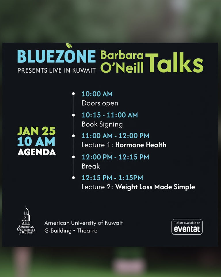 Event flyer for Bluezone Barbara O'Neill Talks in Kuwait with agenda details.